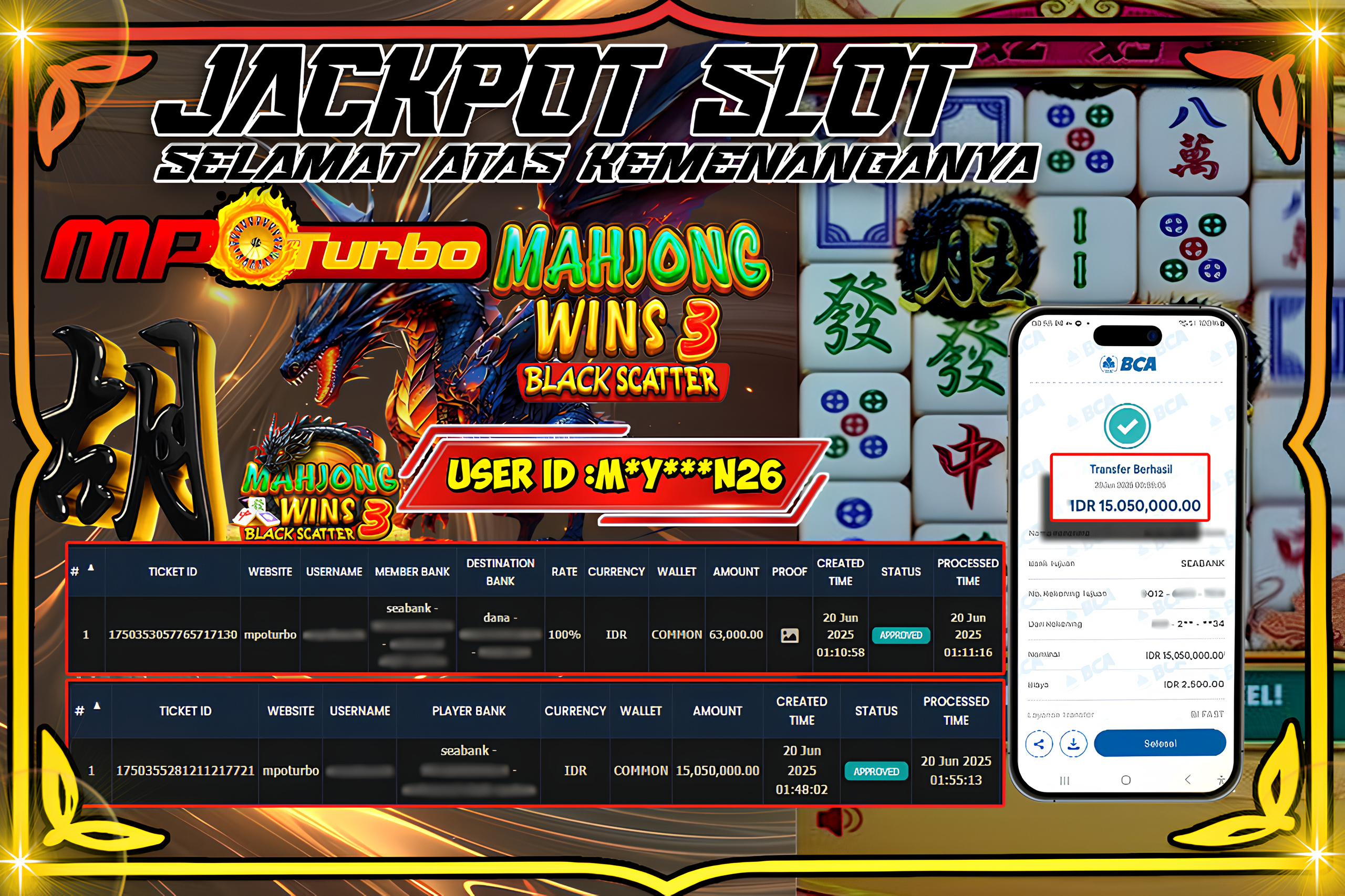 MPOTURBO JACKPOT SLOT MAHJONG WINS 3 - PRAGMATIC PLAY Rp 15,050,000.00,- LUNAS